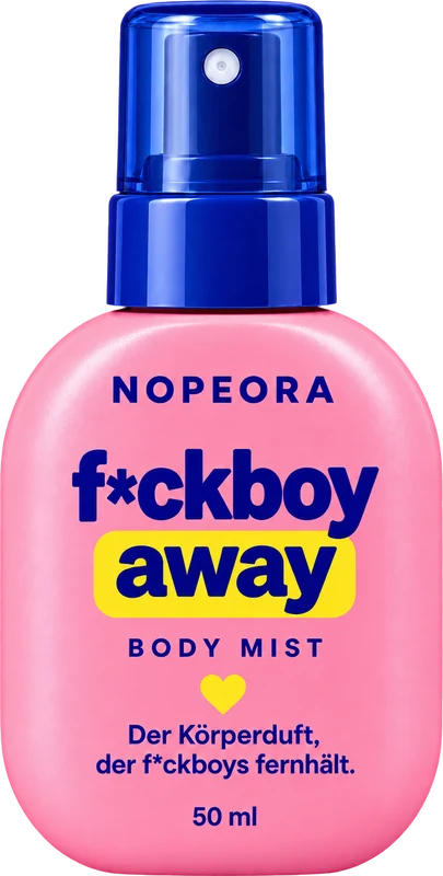 The pink Nopeora f*ckboy away body mist bottle with a blue spray cap