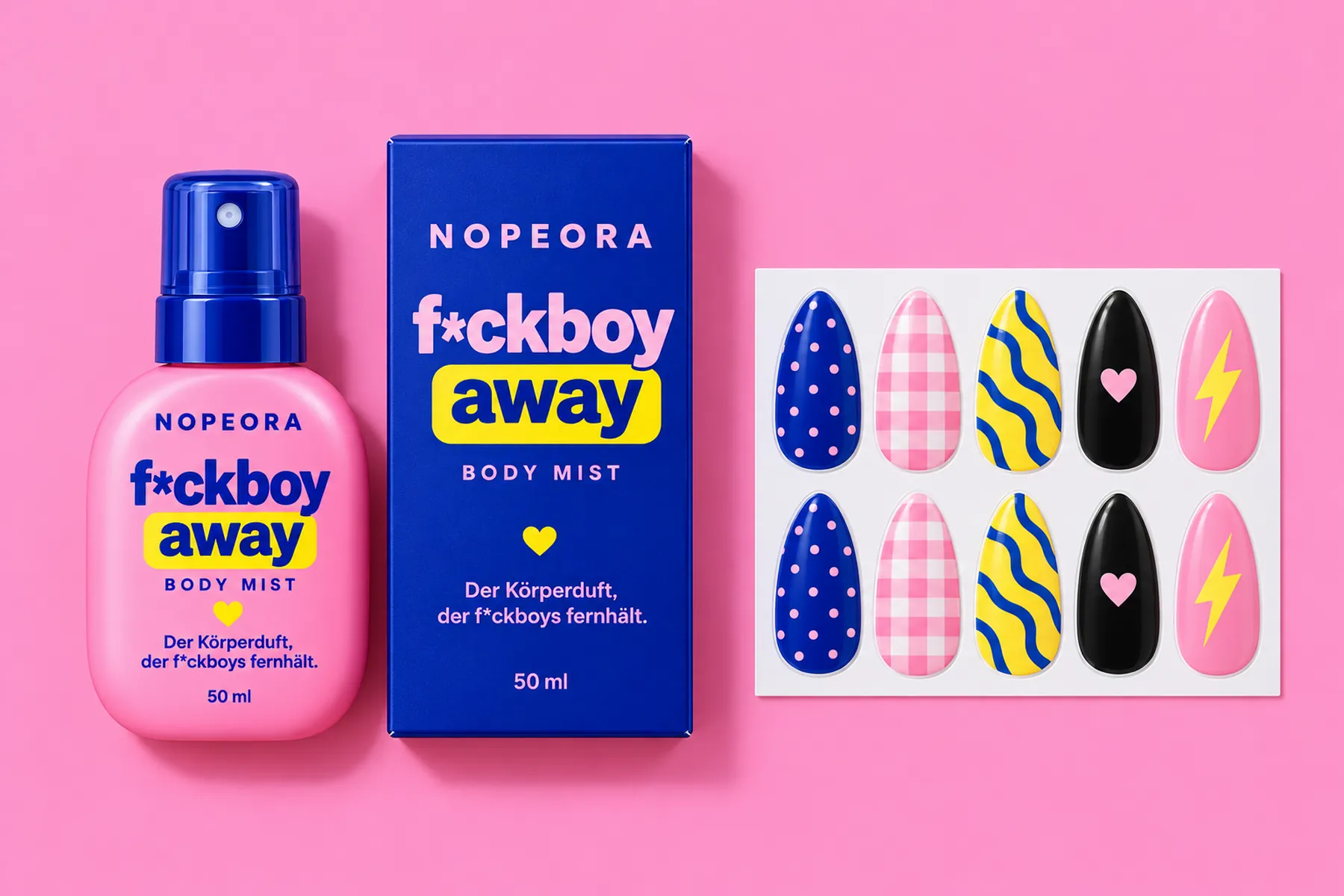 Flat lay on pink: the body mist, its blue box and a sheet of Nailoveya nail stickers