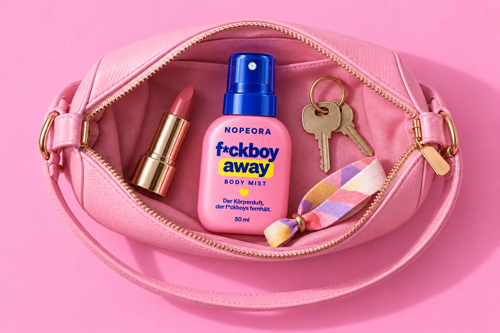 The body mist in a small pink handbag next to a lipstick, keys and a festival wristband