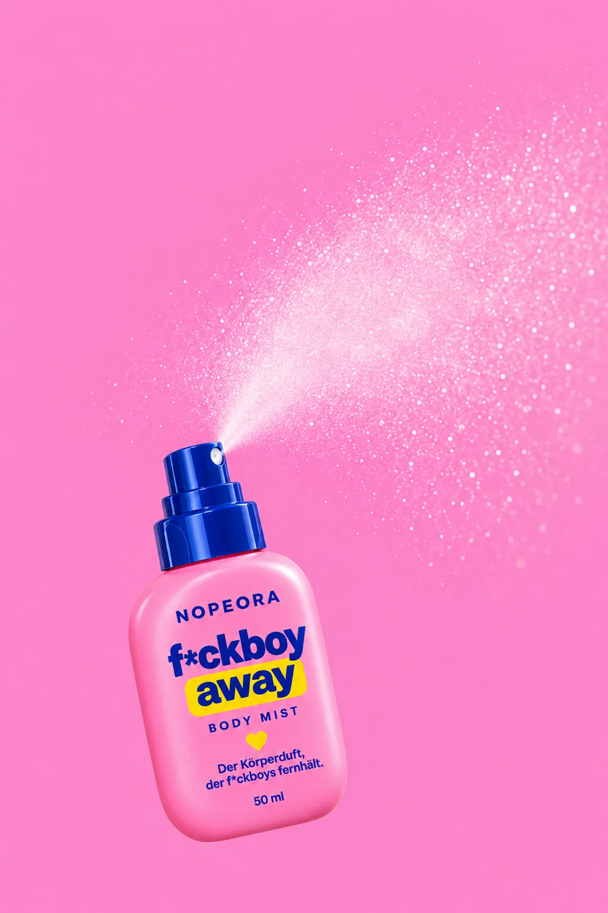 The bottle spraying upwards at an angle, fine mist against a pink background