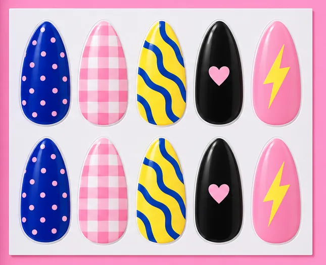 A sheet of Nailoveya nail stickers in five designs: blue with dots, pink gingham, yellow with waves, black with a heart, pink with a lightning bolt