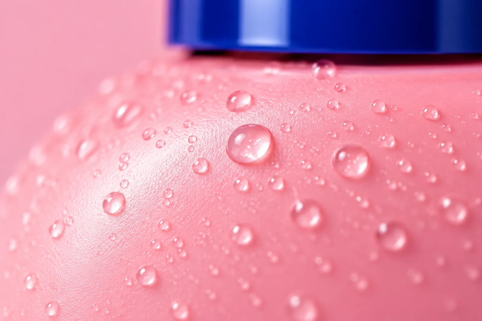 Water droplets on the pink bottle below the blue spray cap